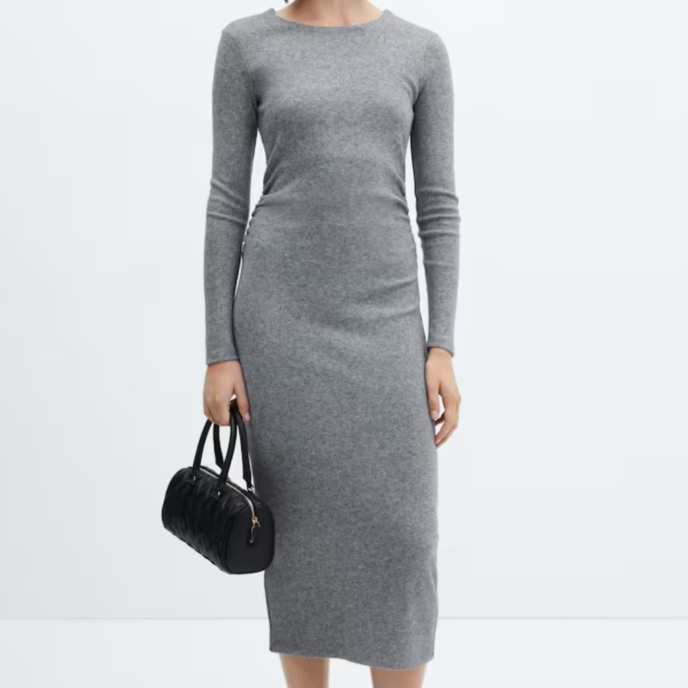MANGO heather grey dress. Gathered rouged by the sides. NEVER WORN!